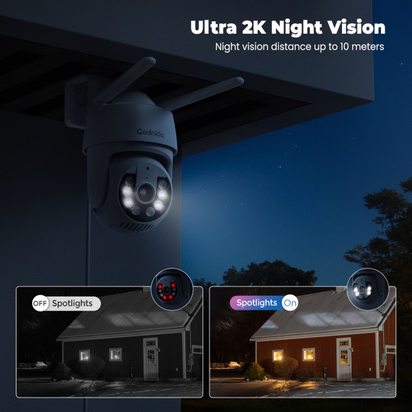 Codnida 2K Outdoor WiFi IP Camera Surveillance 360° View 3MP Camera Indoor with 2-Way Audio, Automatic Tracking, Night Vision in Colour, Siren Alarm, White