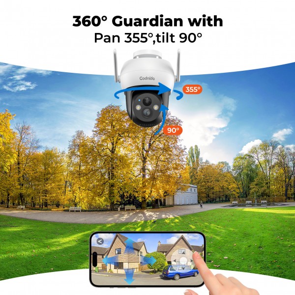 Codnida Surveillance Camera Outdoor Battery Solar,360° Camera Surveillance Outdoor,Wireless WLAN Camera Outdoor with Acoustic and Optical Alarm PTZ 2K Colour Night Vision PIR Motion Detection,Q02