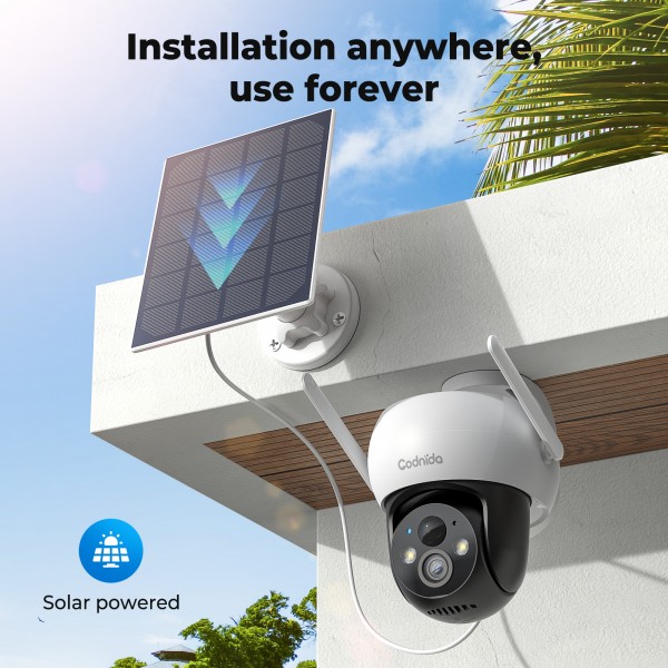 Codnida Surveillance Camera Outdoor Battery Solar,360° Camera Surveillance Outdoor,Wireless WLAN Camera Outdoor with Acoustic and Optical Alarm PTZ 2K Colour Night Vision PIR Motion Detection,Q02