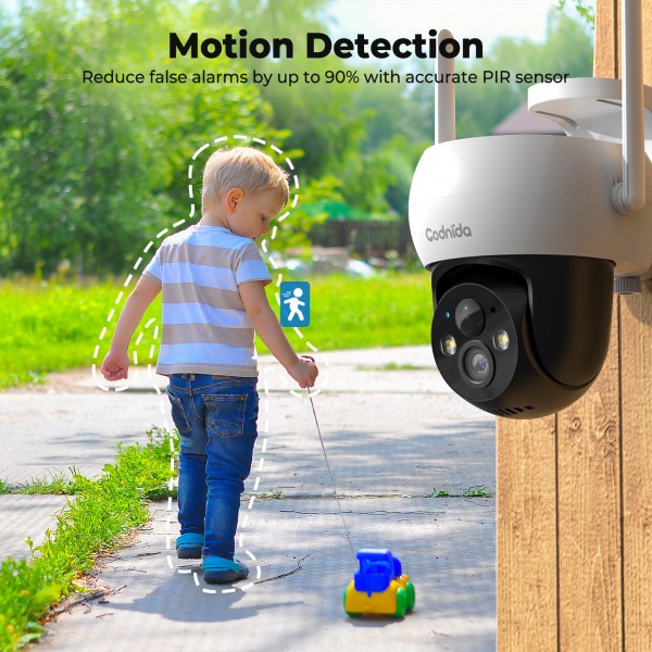 Codnida Surveillance Camera Outdoor Battery Solar,360° Camera Surveillance Outdoor,Wireless WLAN Camera Outdoor with Acoustic and Optical Alarm PTZ 2K Colour Night Vision PIR Motion Detection,Q02