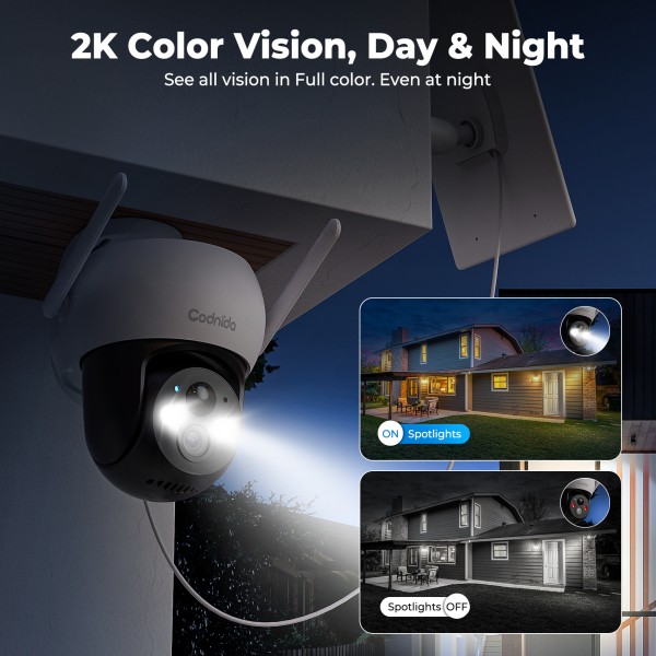 Codnida Surveillance Camera Outdoor Battery Solar,360° Camera Surveillance Outdoor,Wireless WLAN Camera Outdoor with Acoustic and Optical Alarm PTZ 2K Colour Night Vision PIR Motion Detection,Q02