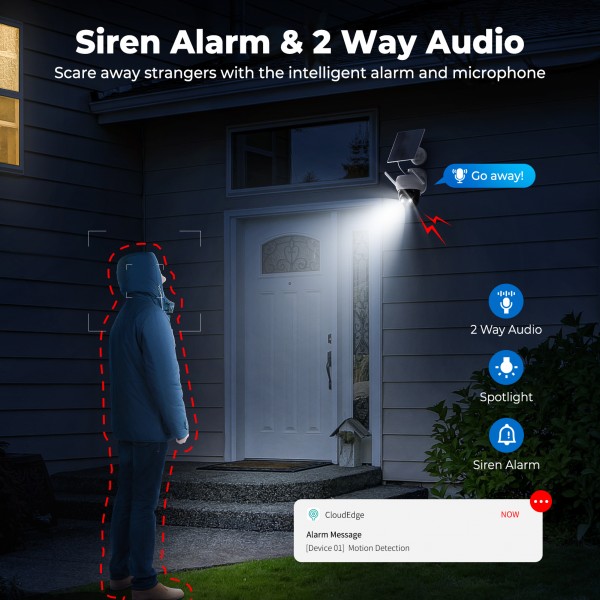 Codnida Surveillance Camera Outdoor Battery Solar,360° Camera Surveillance Outdoor,Wireless WLAN Camera Outdoor with Acoustic and Optical Alarm PTZ 2K Colour Night Vision PIR Motion Detection,Q02