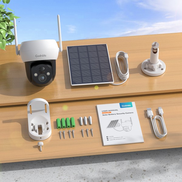 Codnida Surveillance Camera Outdoor Battery Solar,360° Camera Surveillance Outdoor,Wireless WLAN Camera Outdoor with Acoustic and Optical Alarm PTZ 2K Colour Night Vision PIR Motion Detection,Q02