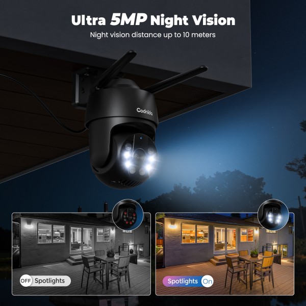 Codnida 5MP Outdoor WiFi Security Camera,2.4/5Ghz WiFi Camera Outdoor with Motion Detector,Automatic Tracking,24/7 Recording,Colour Night Vision,IP66,2-Way Audio,Black(Alexa Support)