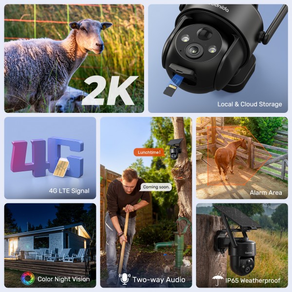 Codnida 4G LTE Wireless Solar-Powered Outdoor Security Camera with SIM Card, 9000mAh Battery, 2K HD, Color Night Vision, Two-Way Audio, IP66