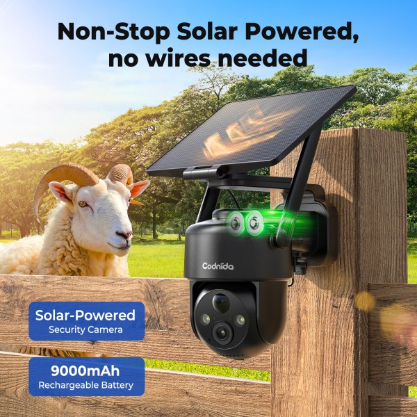 Codnida 4G LTE Wireless Solar-Powered Outdoor Security Camera with SIM Card, 9000mAh Battery, 2K HD, Color Night Vision, Two-Way Audio, IP66