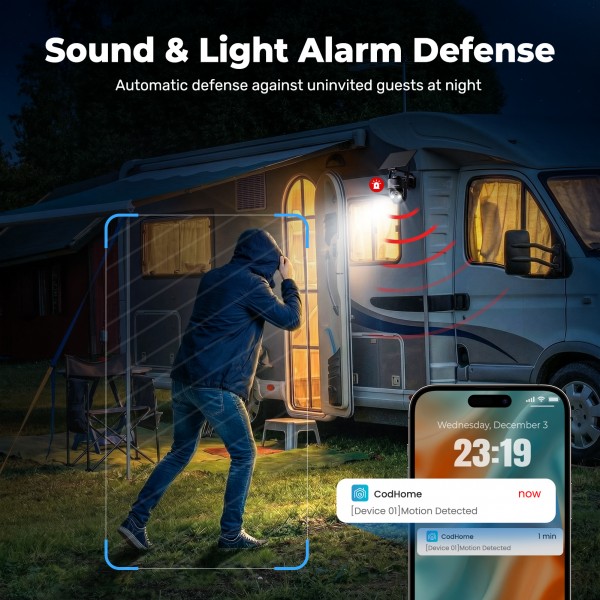 Codnida 4G LTE Wireless Solar-Powered Outdoor Security Camera with SIM Card, 9000mAh Battery, 2K HD, Color Night Vision, Two-Way Audio, IP66