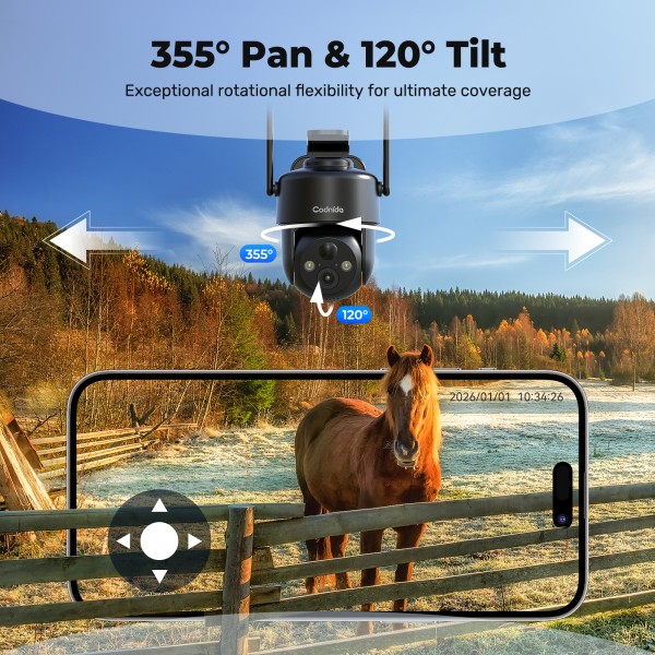 Codnida 4G LTE Wireless Solar-Powered Outdoor Security Camera with SIM Card, 9000mAh Battery, 2K HD, Color Night Vision, Two-Way Audio, IP66