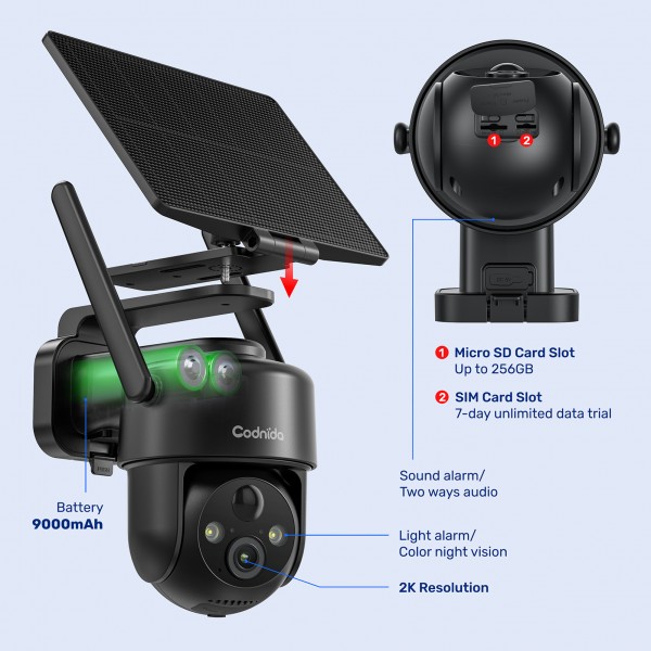 Codnida 4G LTE Wireless Solar-Powered Outdoor Security Camera with SIM Card, 9000mAh Battery, 2K HD, Color Night Vision, Two-Way Audio, IP66