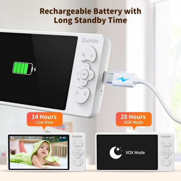 Codnida 5.5’ LCD Babyphone Camera,2k Baby Monitoring Camera with Night Vision,Automatic Tracking,Temperature & Humidity Sensor,Two-way Audio,Lullabies,VOX,LCD & Smartphone Control