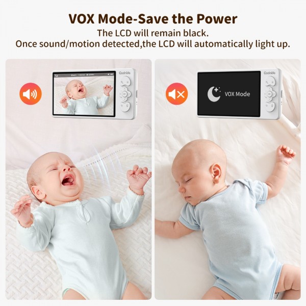 Codnida 5.5’ LCD Babyphone Camera,2k Baby Monitoring Camera with Night Vision,Automatic Tracking,Temperature & Humidity Sensor,Two-way Audio,Lullabies,VOX,LCD & Smartphone Control