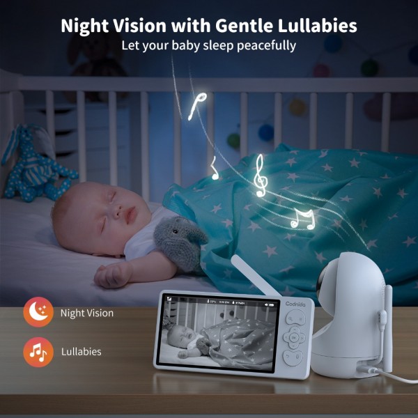 Codnida 5.5’ LCD Babyphone Camera,2k Baby Monitoring Camera with Night Vision,Automatic Tracking,Temperature & Humidity Sensor,Two-way Audio,Lullabies,VOX,LCD & Smartphone Control