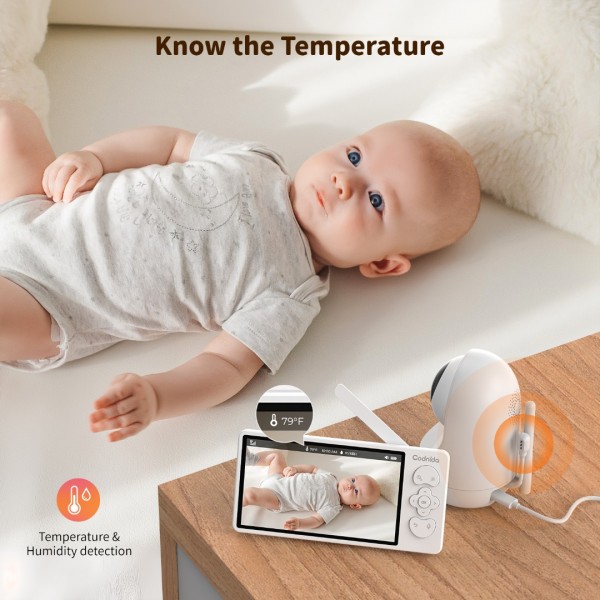Codnida 5.5’ LCD Babyphone Camera,2k Baby Monitoring Camera with Night Vision,Automatic Tracking,Temperature & Humidity Sensor,Two-way Audio,Lullabies,VOX,LCD & Smartphone Control