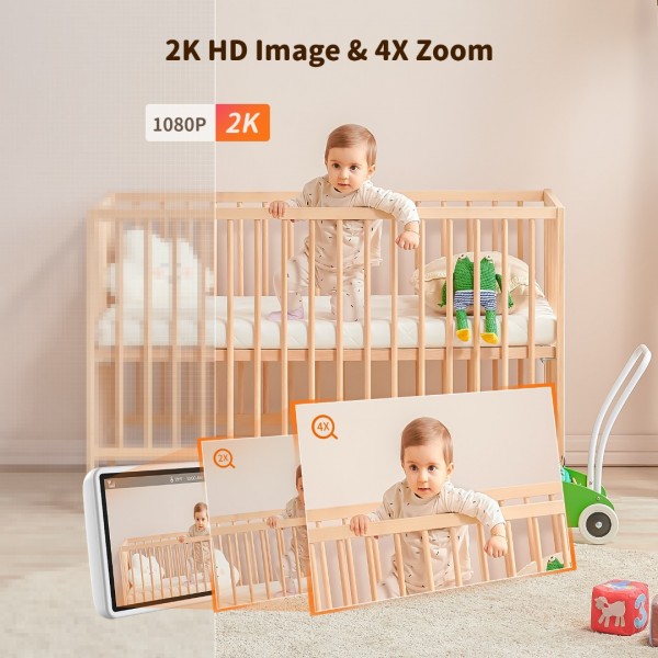 Codnida 5.5’ LCD Babyphone Camera,2k Baby Monitoring Camera with Night Vision,Automatic Tracking,Temperature & Humidity Sensor,Two-way Audio,Lullabies,VOX,LCD & Smartphone Control